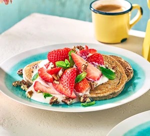 We Use soya milk, soya yogurt and wholemeal spelt flour to make these delicious healthy pancakes for breakfast. or use regular milk if you prefer